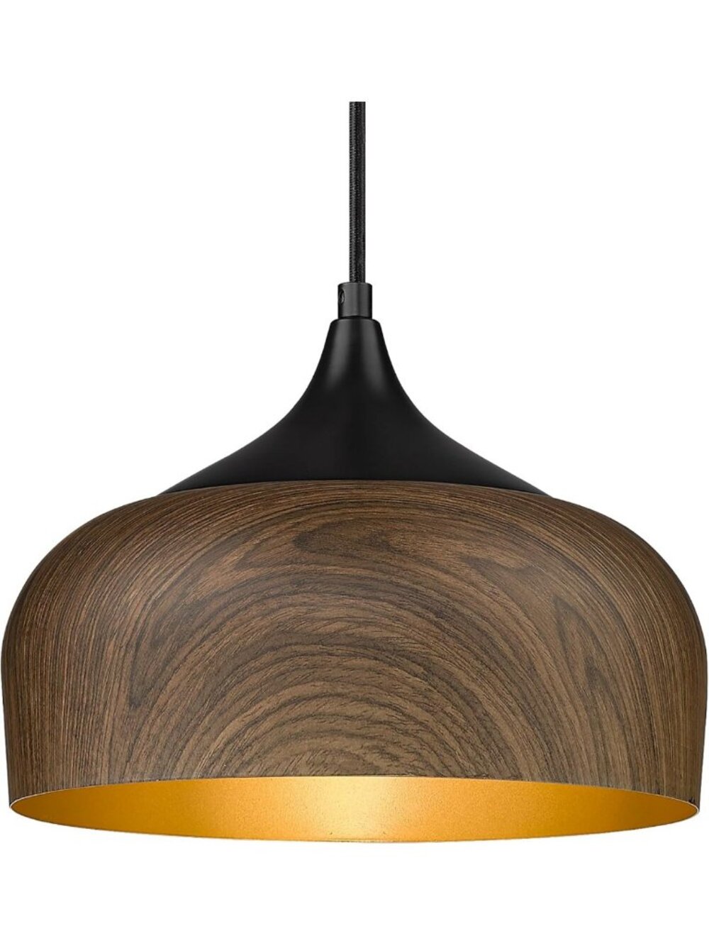 Modern Bauhaus Pendant Light - Walnut Wood Dome Fixture, Matte Black & Gold